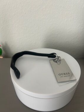 Guess Silver and Black Rectangular Logo Leather Strap Charm